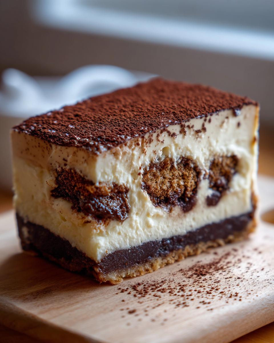A decadent slice of tiramisu cheesecake featuring layers of creamy filling, coffee-soaked cake pieces, and a dusting of cocoa powder.
