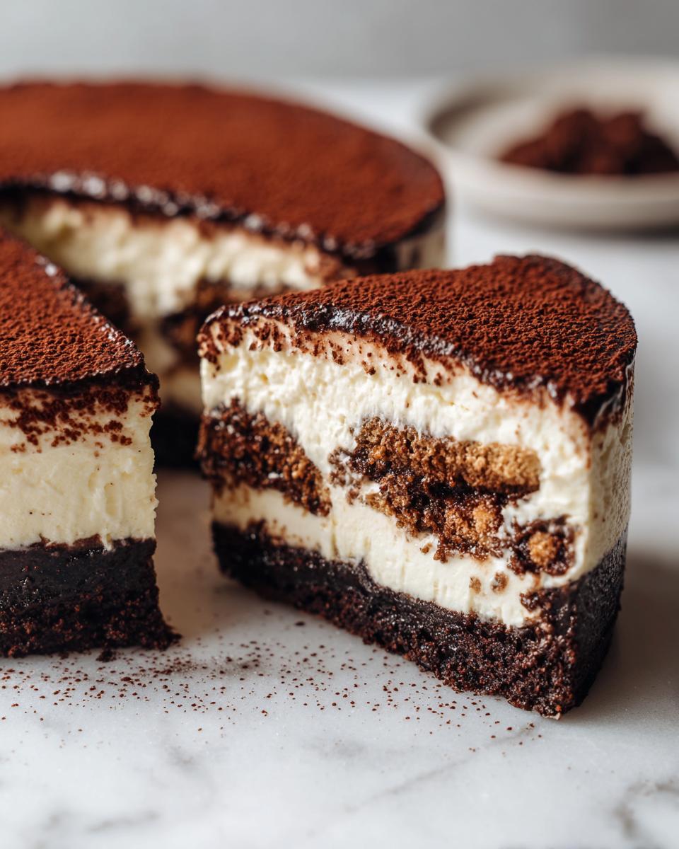 A decadent slice of tiramisu cheesecake showing layers of dark crust, creamy filling, and coffee-soaked ladyfingers, dusted heavily with cocoa.