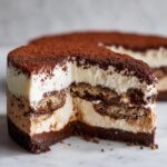 Cross-section view of a rich tiramisu cheesecake showing layers of cream, ladyfingers, and a chocolate base, dusted heavily with cocoa powder.