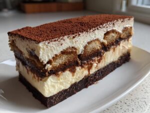 A decadent slice of tiramisu cheesecake showing layers of cream, soaked ladyfingers, and a dark crust, dusted with cocoa powder.