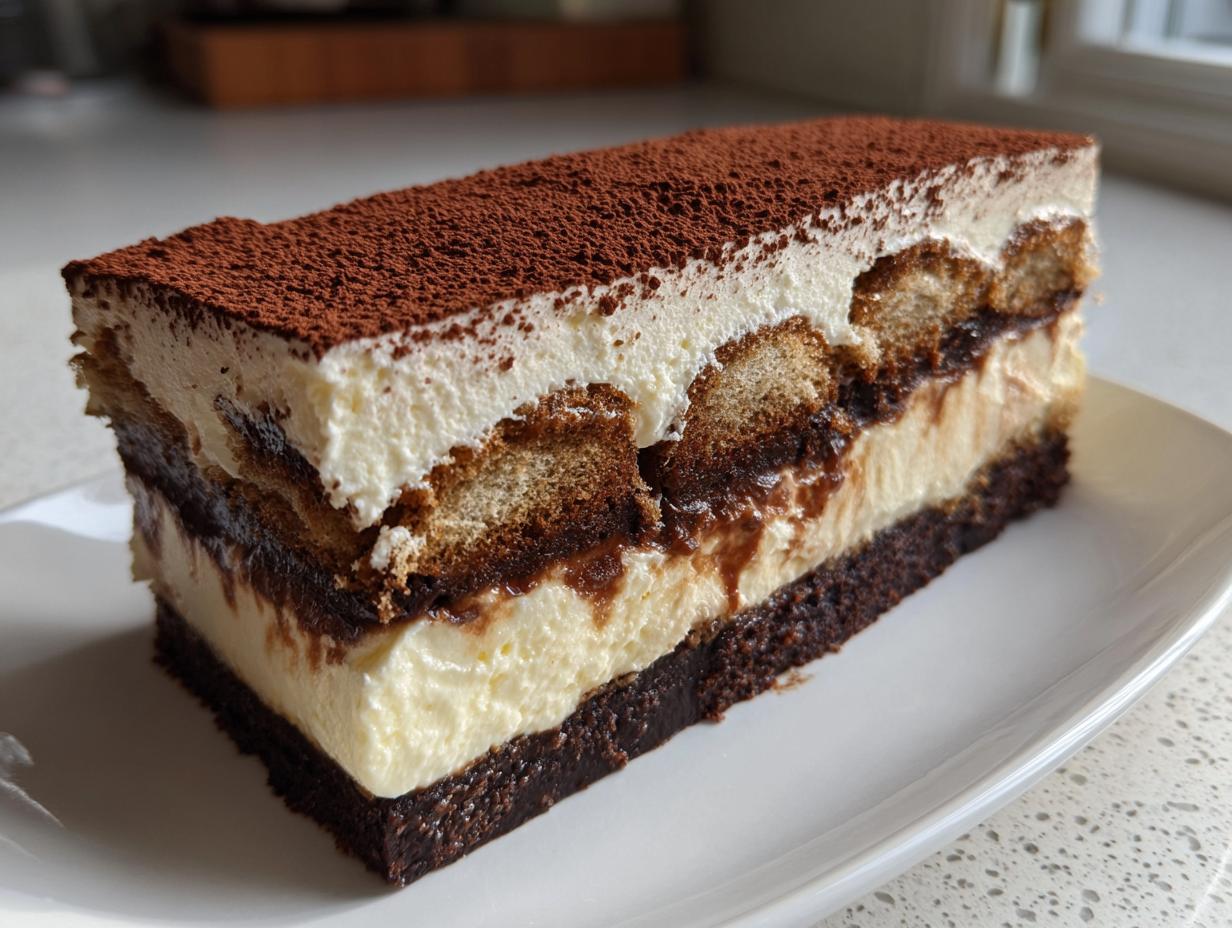 A decadent slice of tiramisu cheesecake showing layers of cream, soaked ladyfingers, and a dark crust, dusted with cocoa powder.