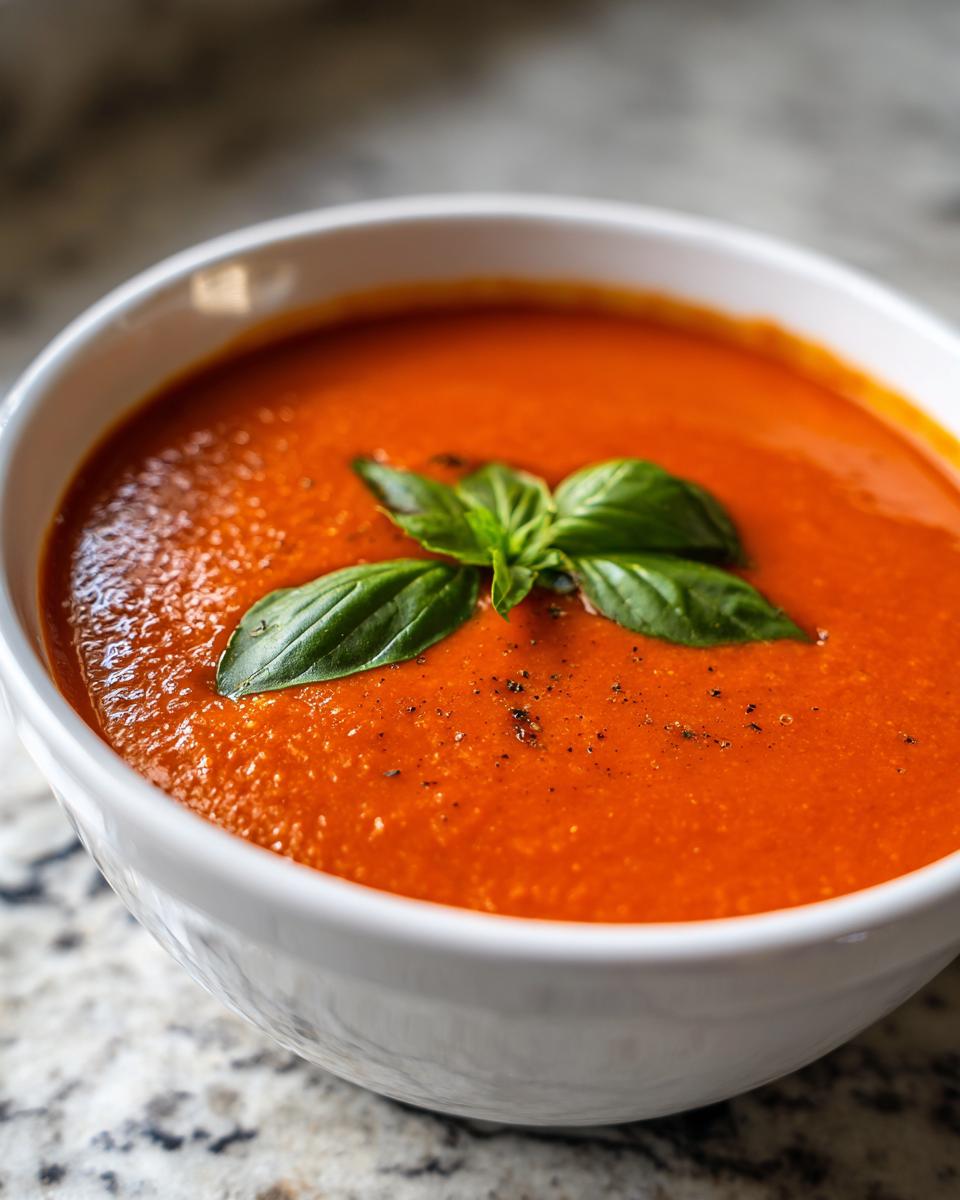 Close-up of a white bowl filled with vibrant red tomato bisque, garnished with fresh basil leaves and cracked black pepper.