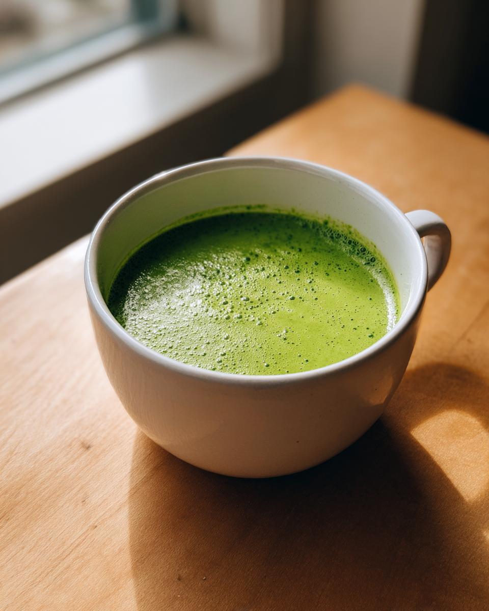 A vibrant, foamy green bowl of zucchini soup sitting on a wooden table near a window.