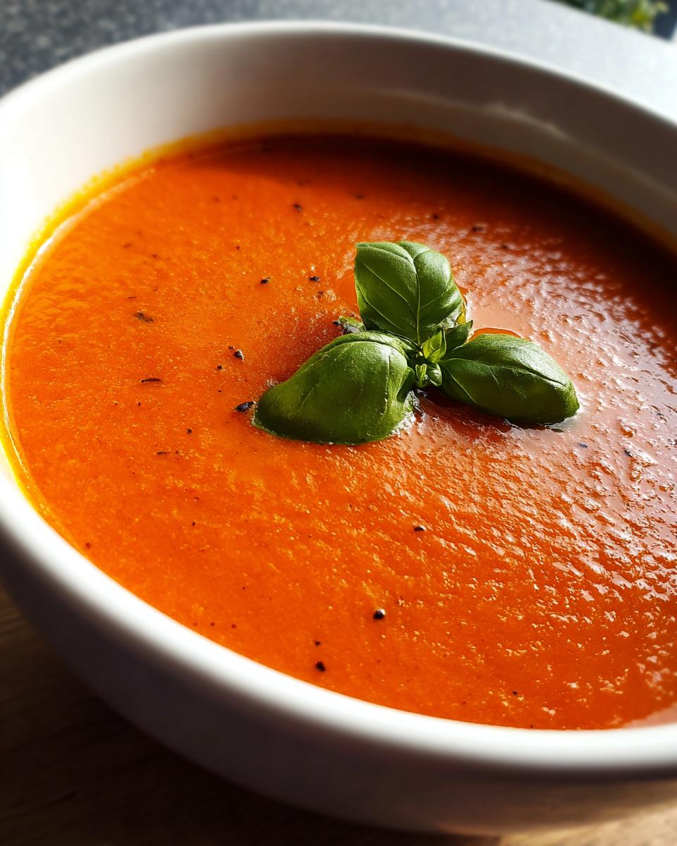 Close-up of a rich, orange-red bowl of homemade tomato bisque garnished with fresh basil leaves and cracked pepper.