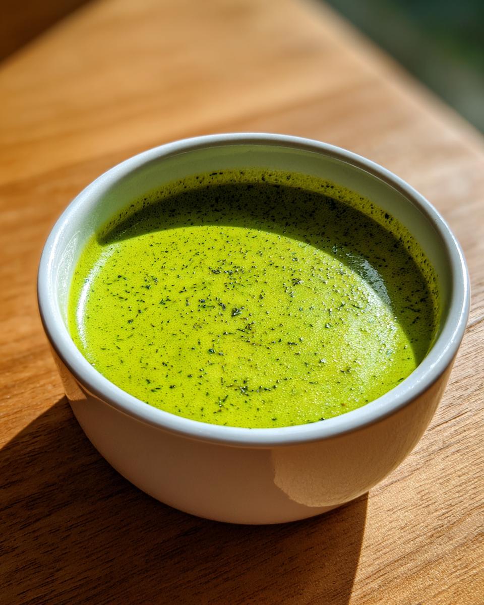 A close-up of vibrant green zucchini soup, garnished with herbs, served in a white bowl on a wooden surface.