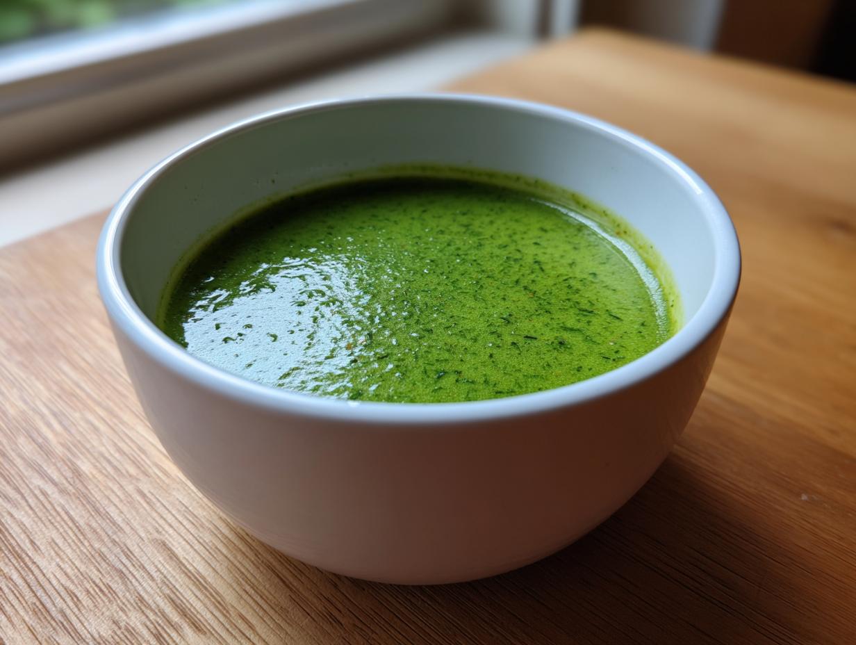 Close-up of a white bowl filled with vibrant green zucchini soup, resting on a wooden surface near a window.