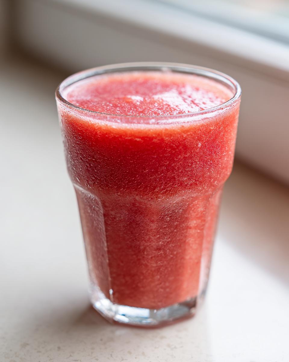 A close-up of a tall glass filled with a vibrant red, icy watermelon smoothie, showing condensation on the outside.