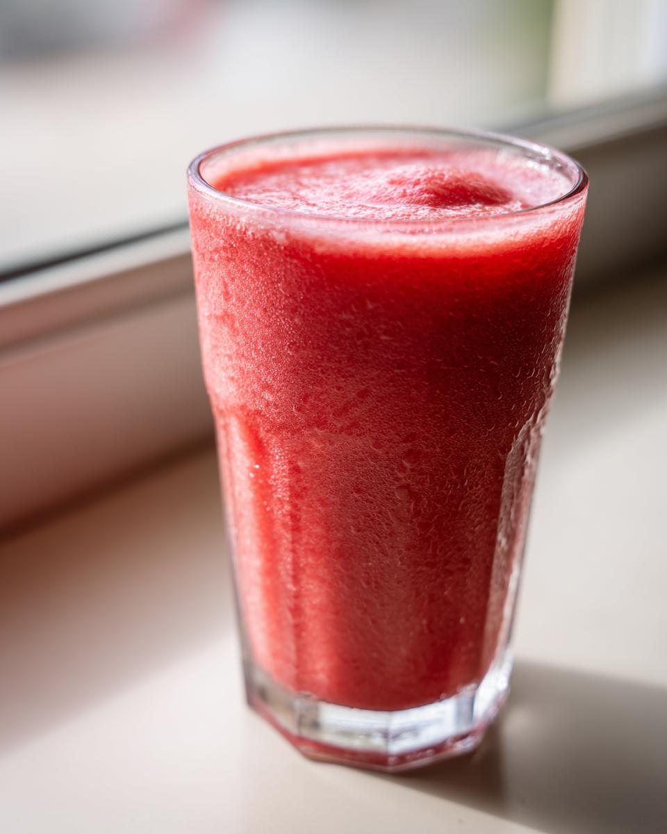 A tall glass filled with a vibrant, icy watermelon smoothie sitting on a sunlit windowsill.