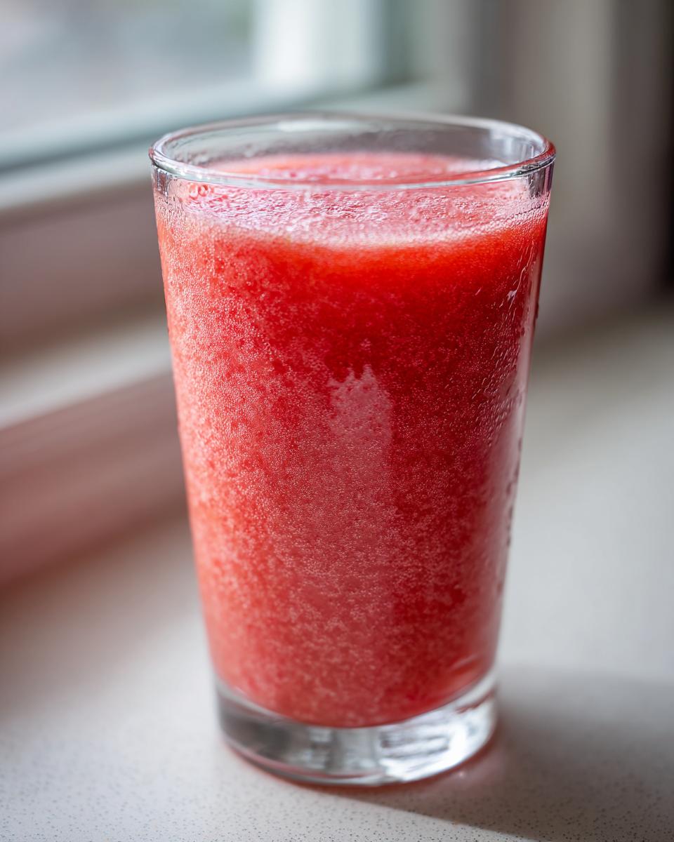 Close-up of a tall glass filled with a vibrant, icy watermelon smoothie.