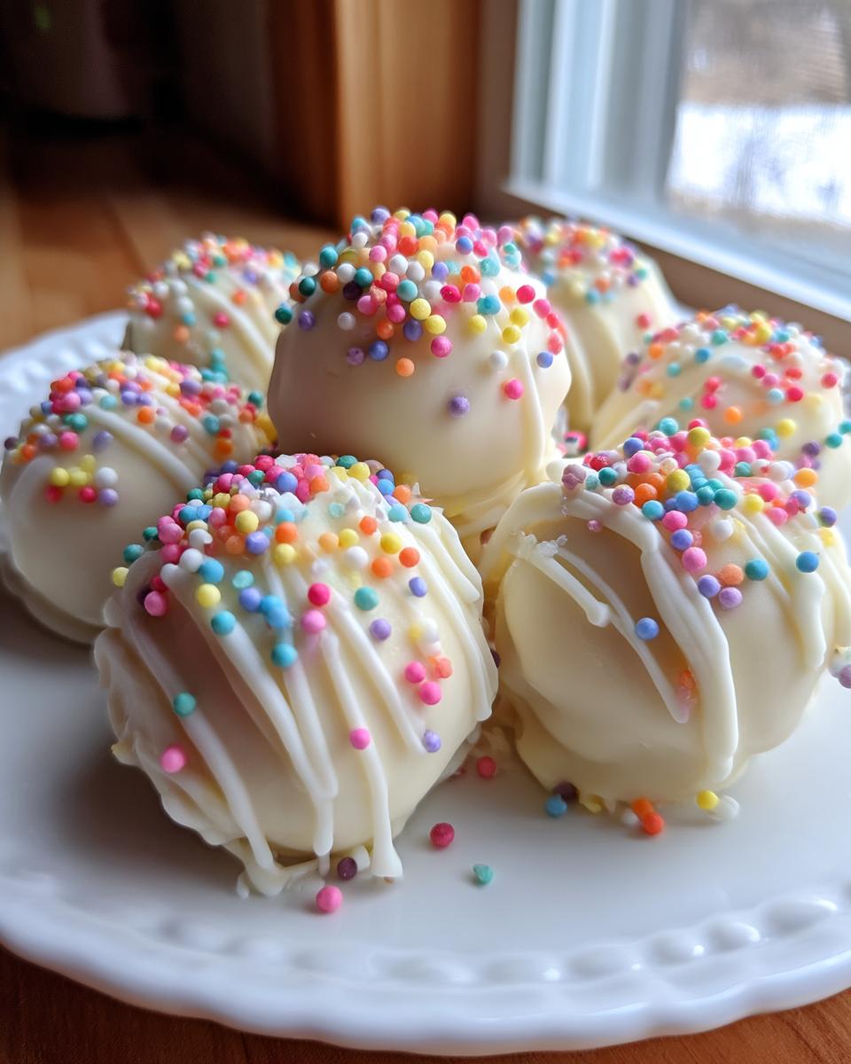 A plate of homemade sugar cookie truffles coated in white chocolate and topped with colorful sprinkles.