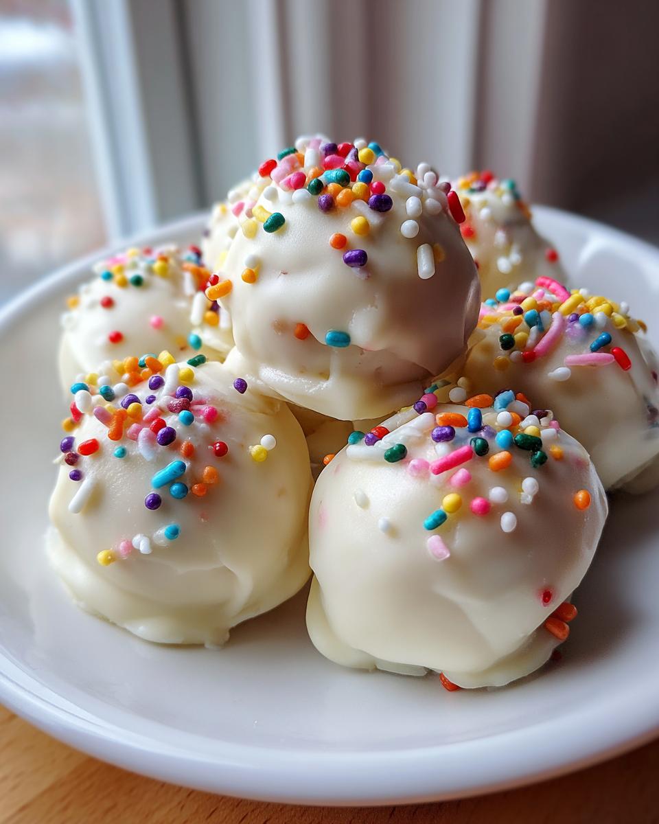 Close-up of several white chocolate sugar cookie truffles topped with colorful sprinkles on a white plate.