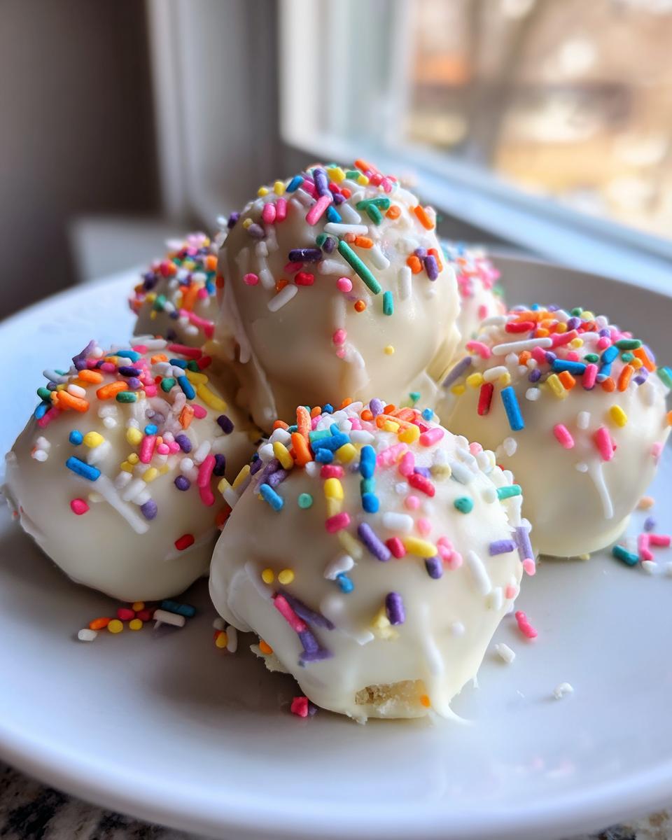 A pile of white chocolate coated sugar cookie truffles topped with colorful rainbow sprinkles on a white plate.