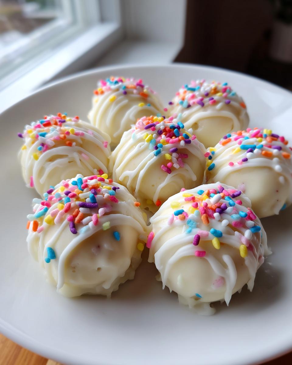 Close-up of six delicious sugar cookie truffles coated in white chocolate, drizzled icing, and colorful sprinkles.