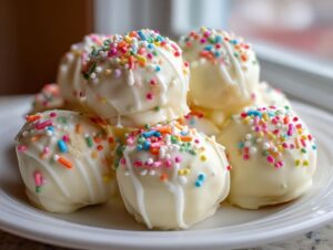A close-up stack of white chocolate sugar cookie truffles topped with colorful sprinkles and a white chocolate drizzle.