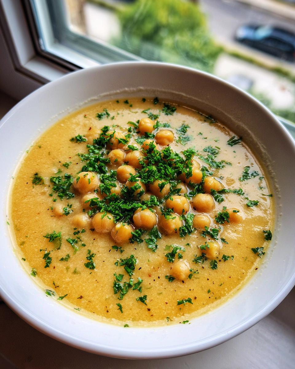 Close-up of a creamy yellow chickpea soup topped with whole chickpeas and fresh chopped parsley.