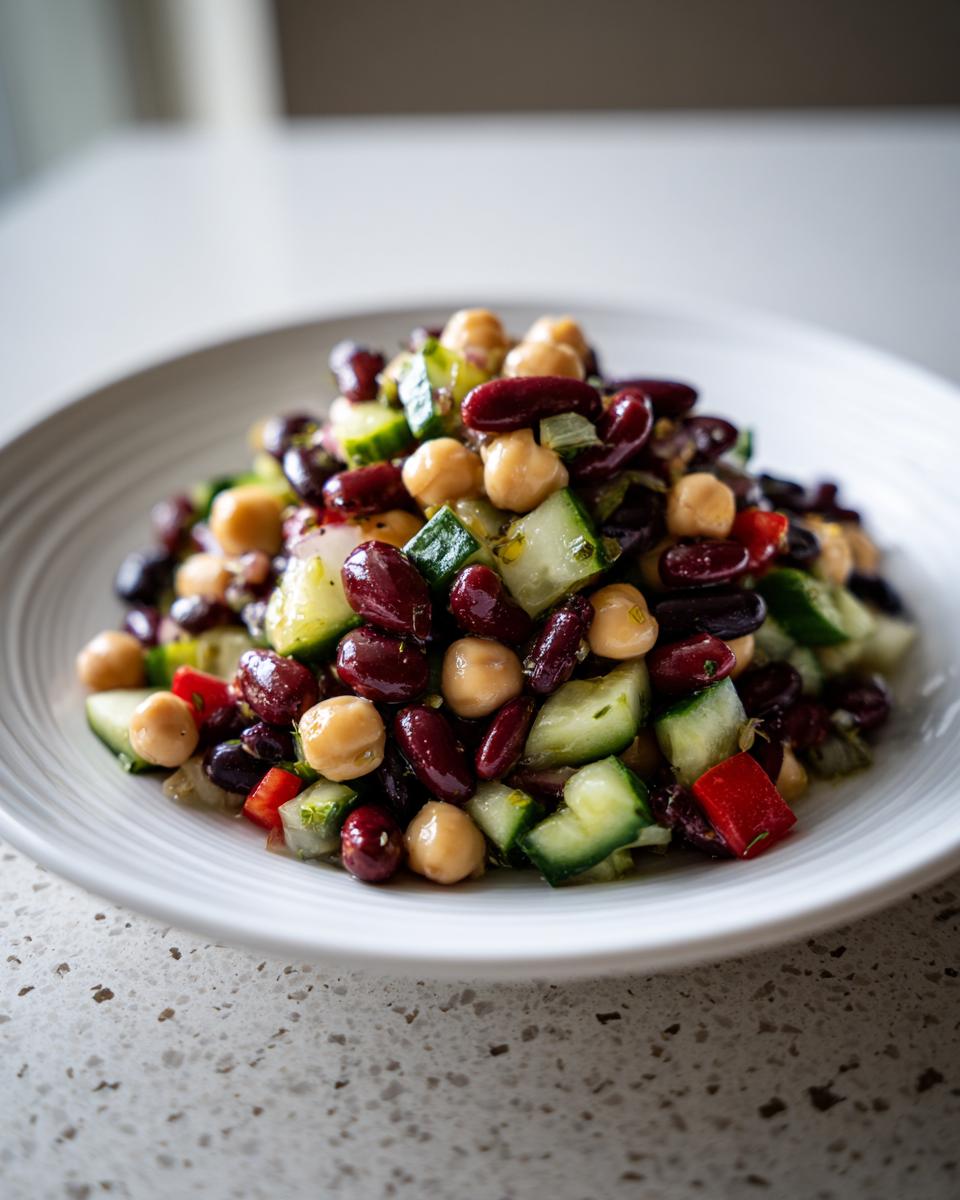A vibrant, close-up serving of 15-Minute bean salad featuring kidney beans, chickpeas, and diced cucumber.