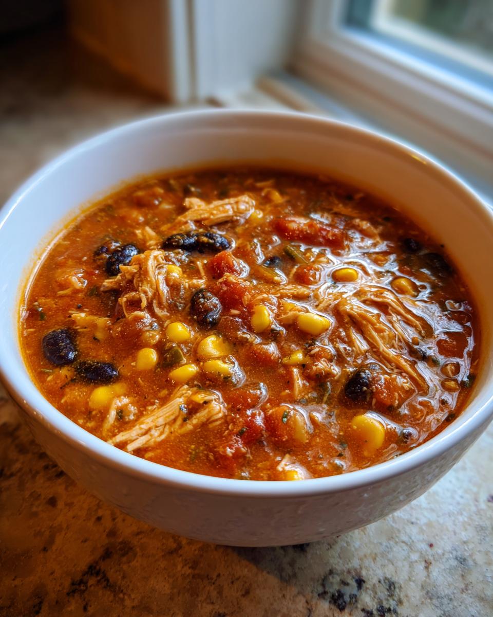 Close-up of a white bowl filled with rich, orange-red 7 can chicken taco soup, showing shredded chicken, corn, and black beans.