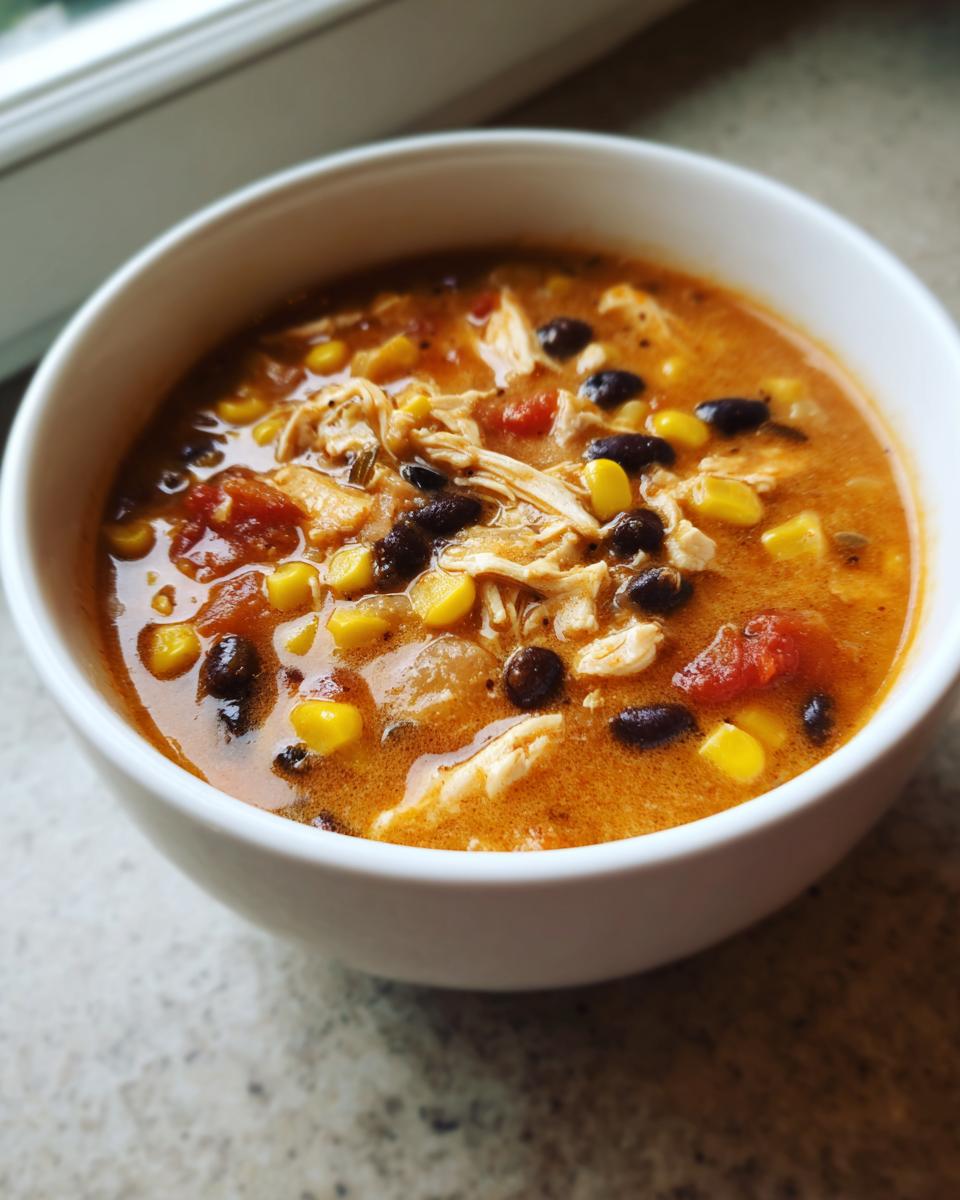 Close-up of a white bowl filled with rich, orange broth containing shredded chicken, black beans, corn, and tomatoes from the 7 can chicken taco soup.