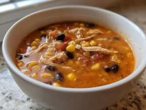 Close-up of a white bowl filled with rich, orange broth 7 can chicken taco soup, featuring shredded chicken, corn, and black beans.