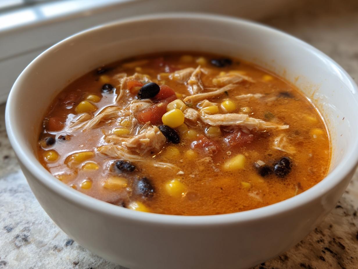 Close-up of a white bowl filled with rich, orange broth 7 can chicken taco soup, featuring shredded chicken, corn, and black beans.