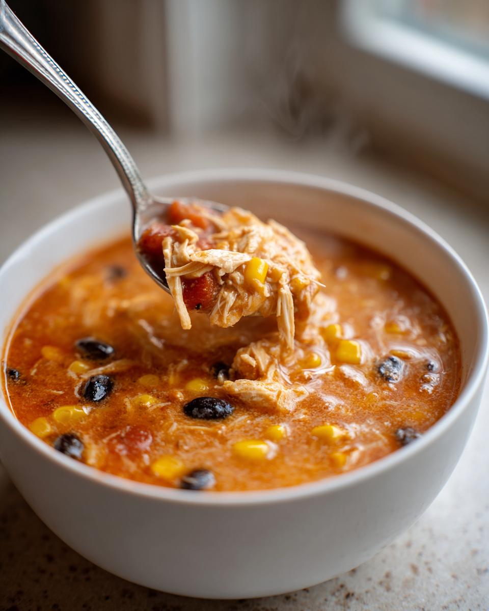 A spoonful of steaming 7 can chicken taco soup showing shredded chicken, corn, and black beans.