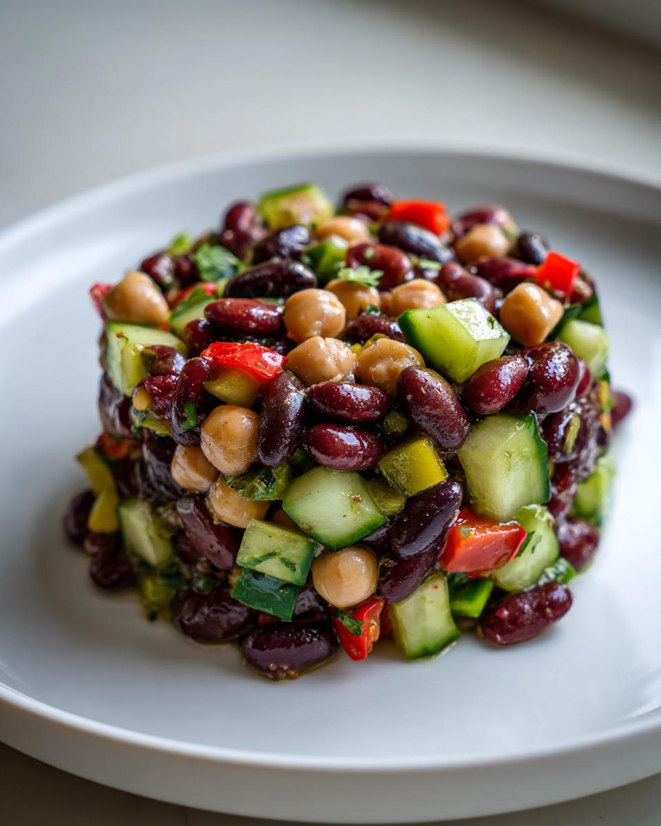 A perfectly molded serving of colorful bean salad featuring kidney beans, chickpeas, cucumber, and red peppers.