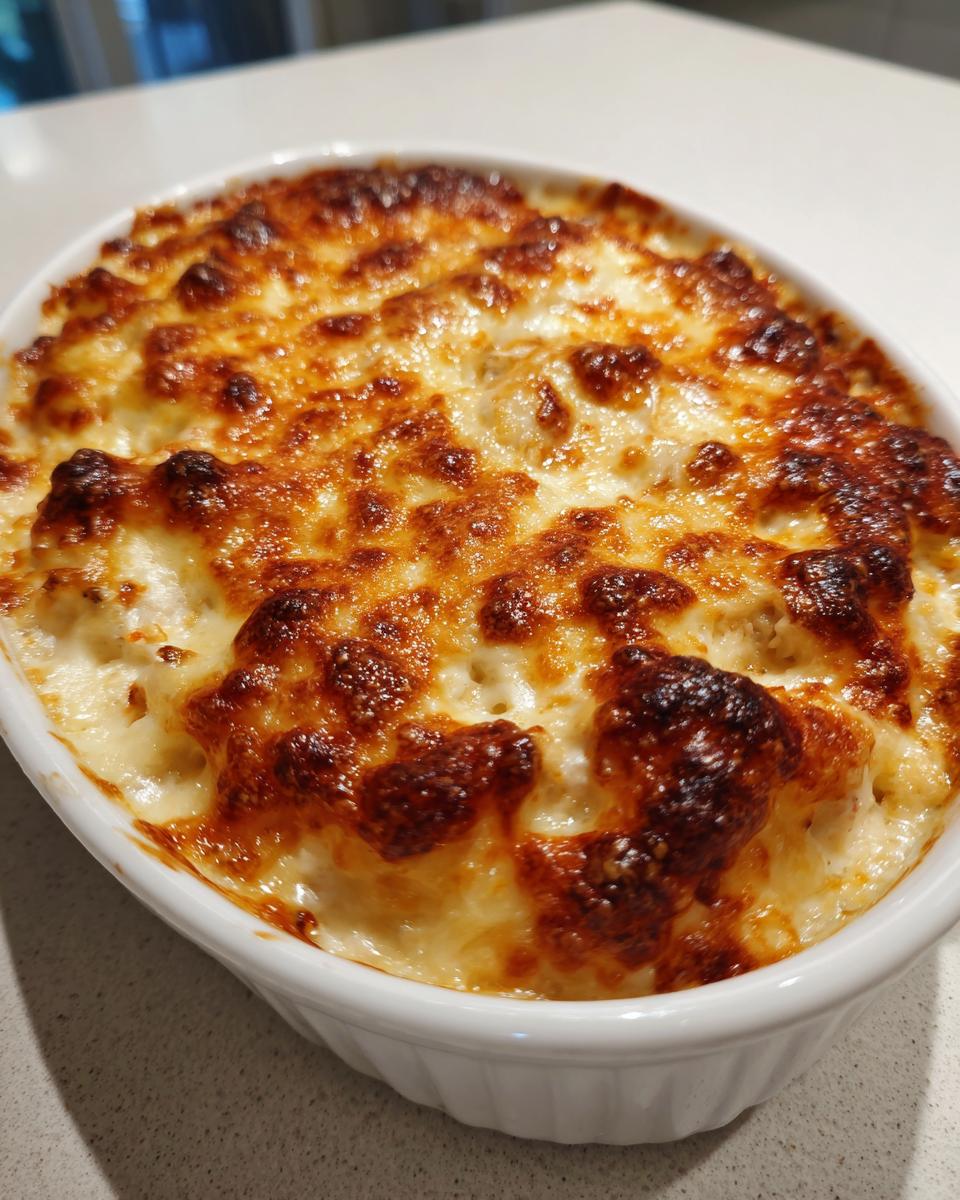 Close-up of hot baked crab dip in a white oval dish with a bubbly, deeply browned cheese topping.
