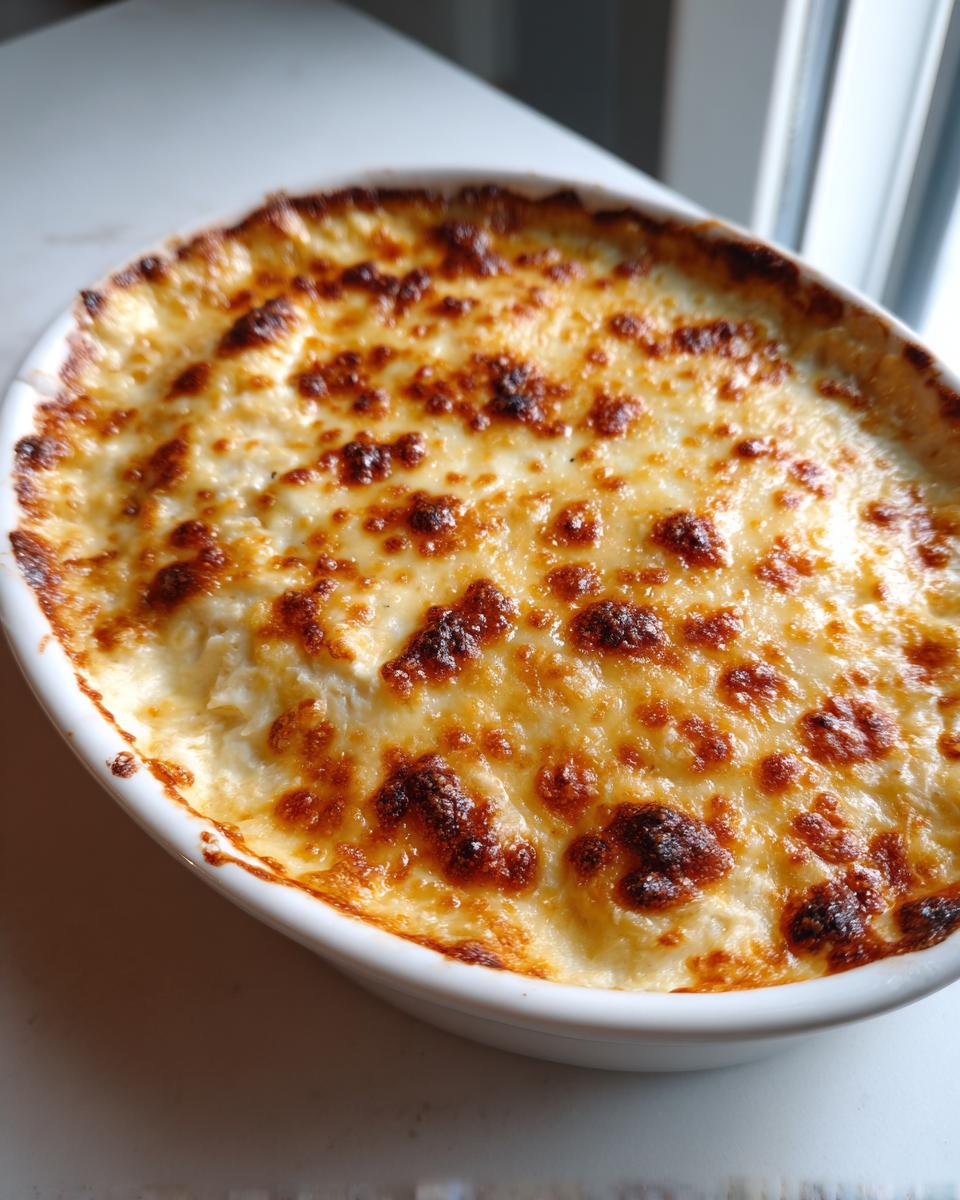 Close-up of a hot baked crab dip in a white oval dish, featuring a bubbly, golden-brown, and slightly charred cheese topping.