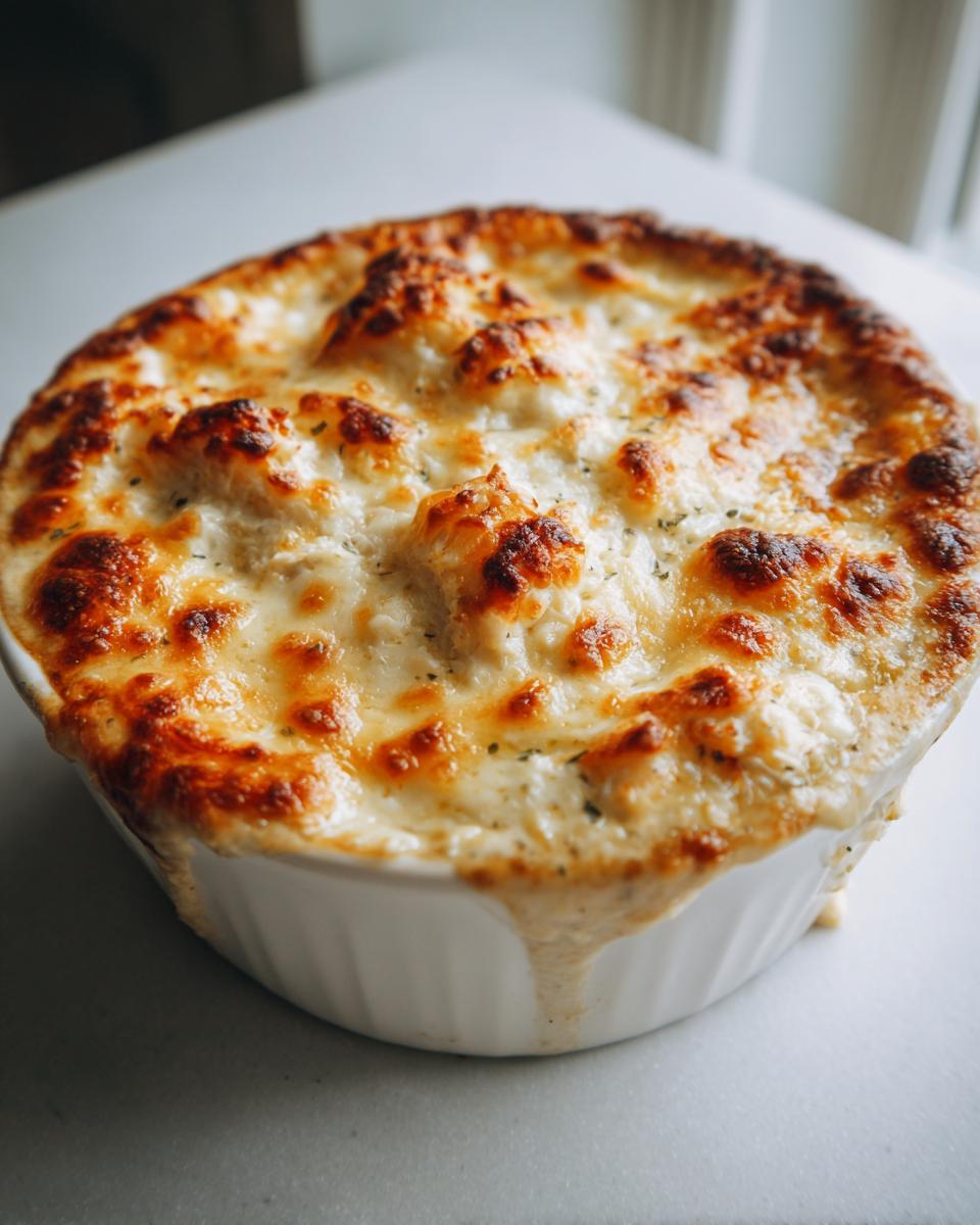 A close-up of a hot baked crab dip in a white ramekin with a bubbly, golden-brown cheesy crust.