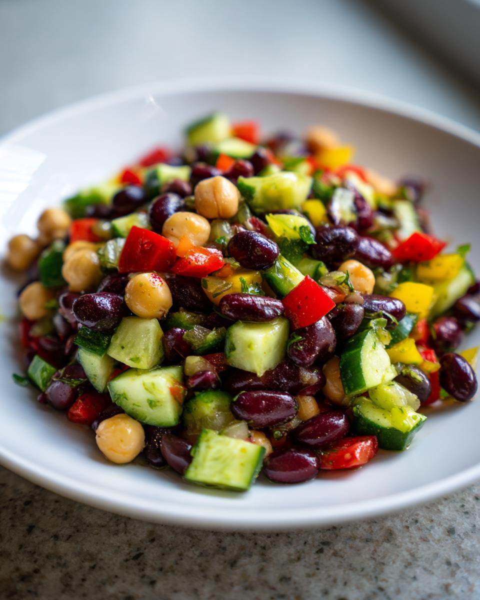 Close-up of a vibrant bean salad featuring kidney beans, chickpeas, diced cucumber, and colorful bell peppers.