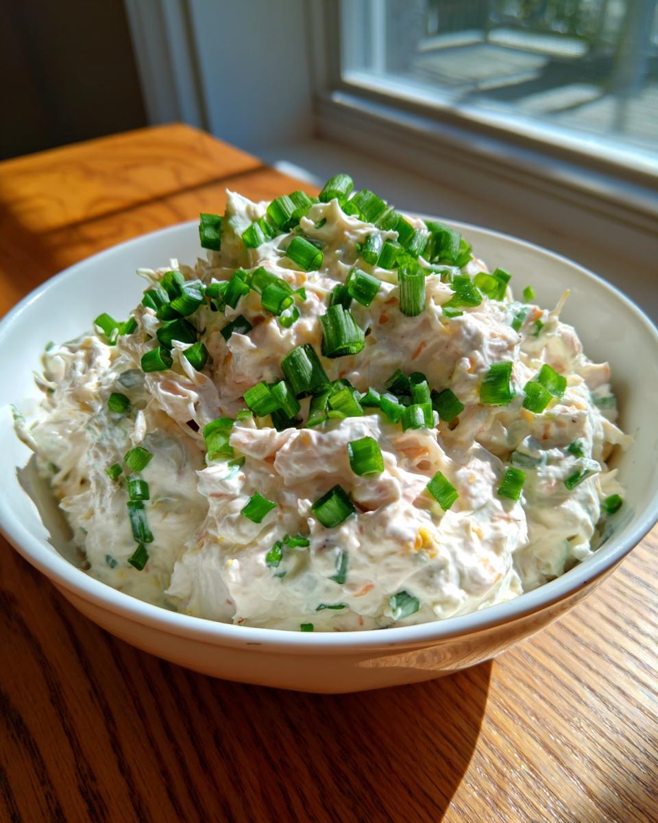 A white bowl filled with creamy, cold crab dip recipe, generously topped with fresh chopped green onions.