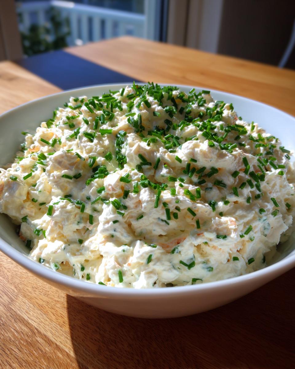 A white bowl filled with creamy cold crab dip recipe, generously topped with fresh green chopped chives.