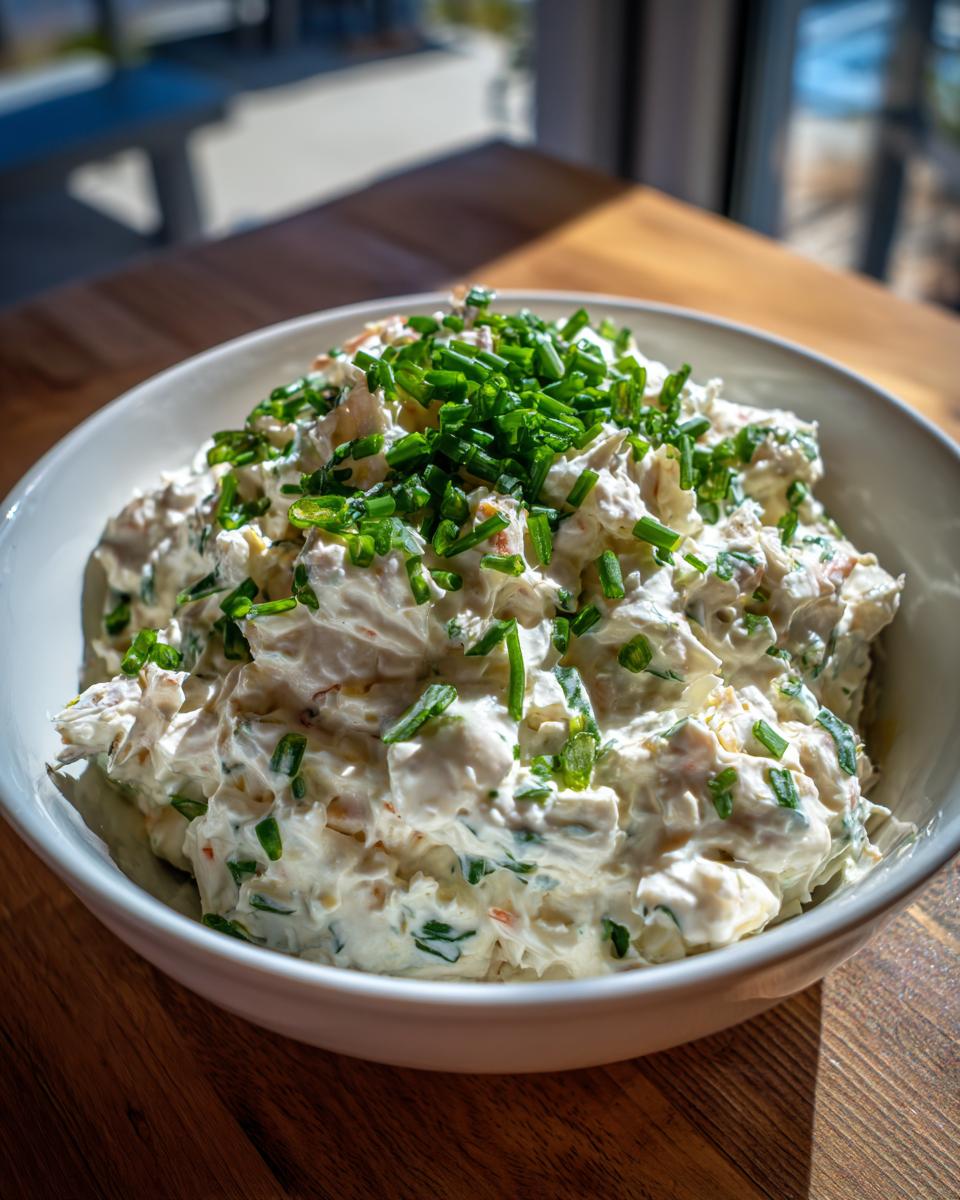 Close-up of a creamy, cold crab dip recipe topped generously with fresh chopped chives in a white bowl.