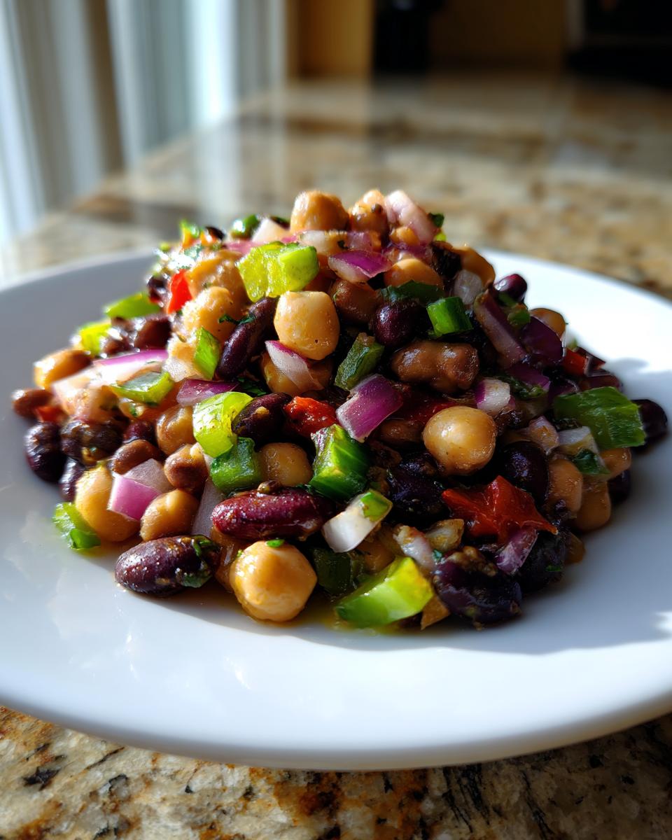 A mound of colorful dense bean salad featuring chickpeas, kidney beans, red onion, and green peppers on a white plate.