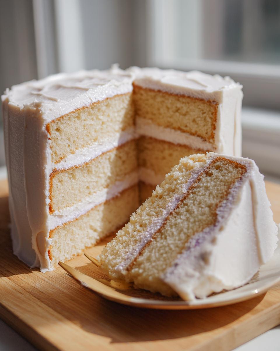 A slice of the amazing earl grey lavender cake showing three layers of white cake and light purple filling.