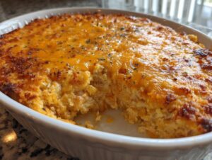 Close-up of a bubbling, cheesy hot crab dip recipe baked to golden perfection in a white oval dish.