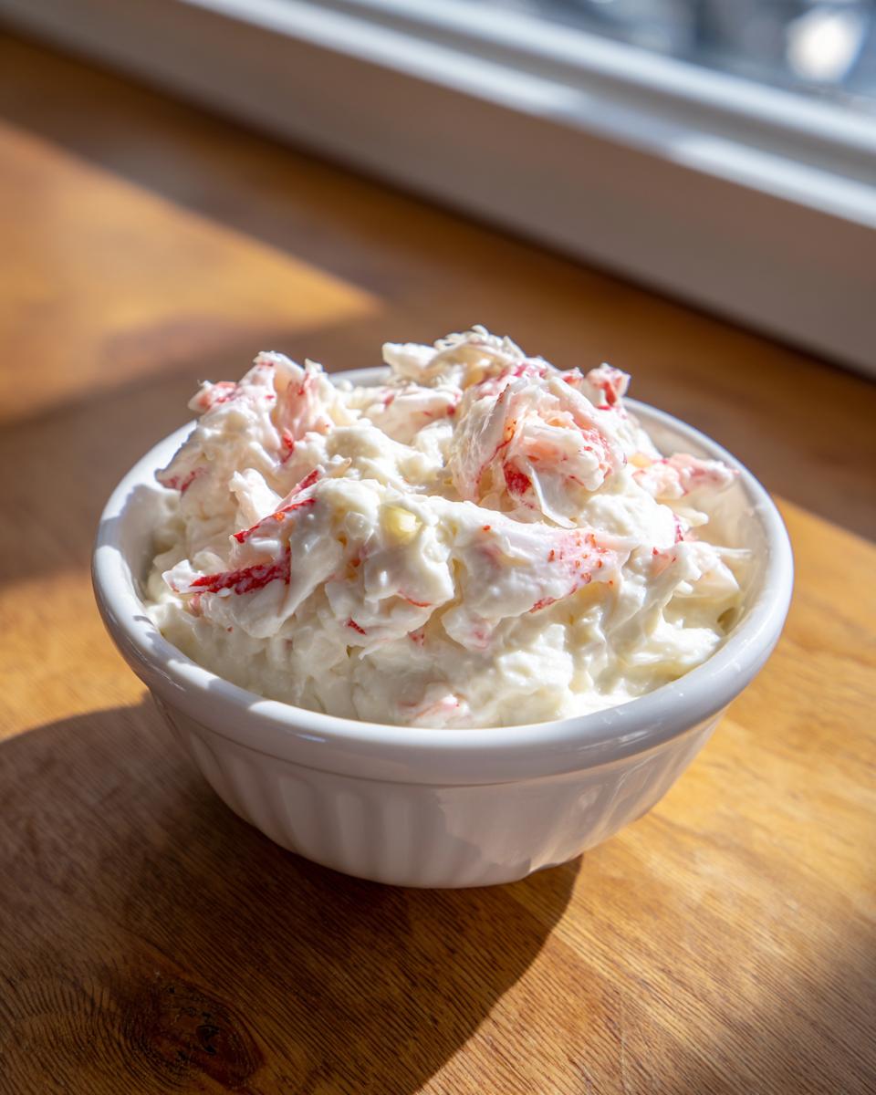 A small white bowl filled with creamy imitation crab dip recipe, topped with shredded pink and white seafood.