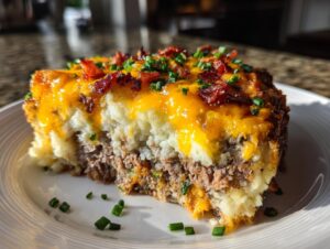 A thick slice of meatloaf casserole topped with melted cheddar cheese, bacon bits, and chives on a white plate.