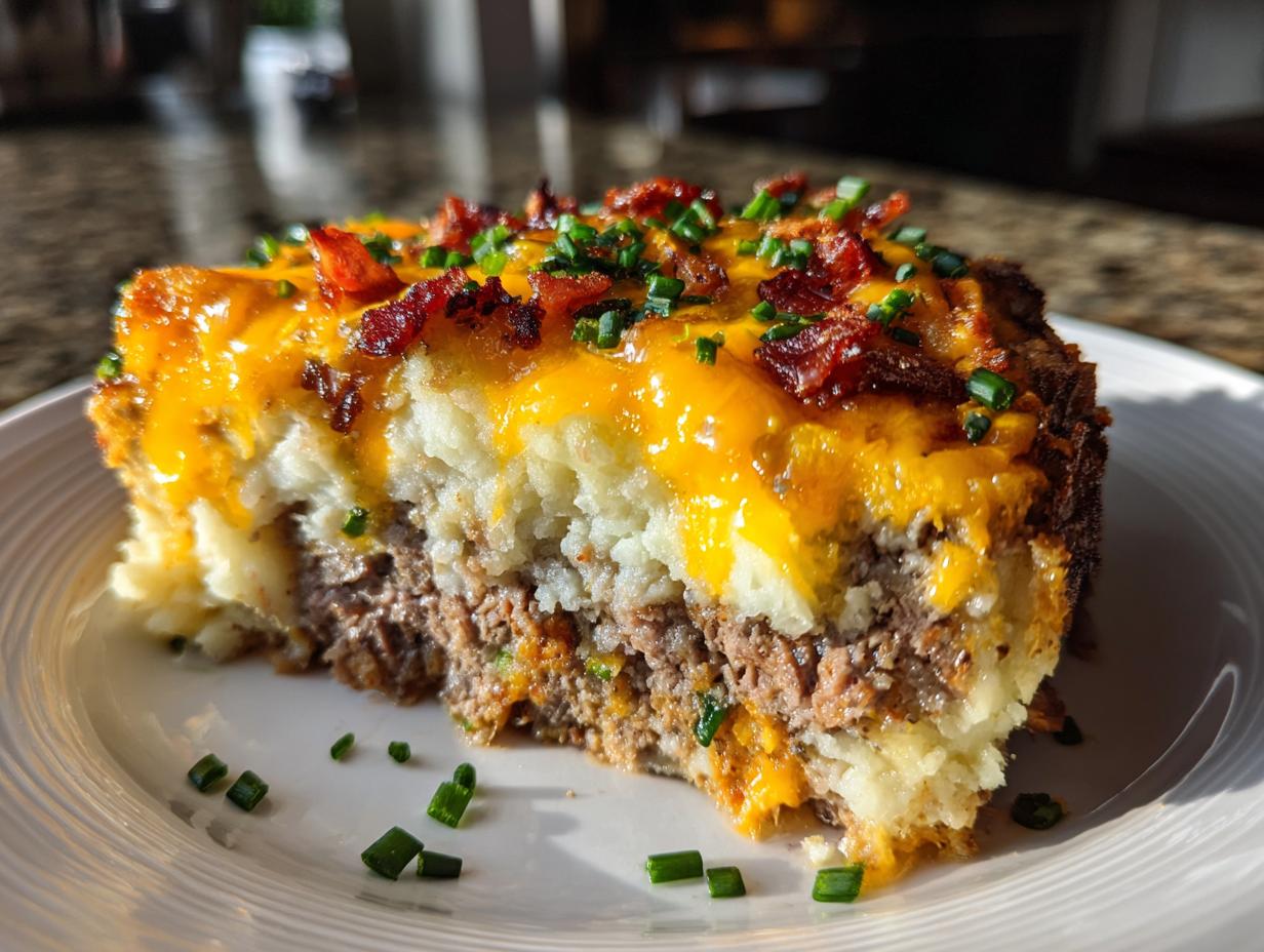 A thick slice of meatloaf casserole topped with melted cheddar cheese, bacon bits, and chives on a white plate.
