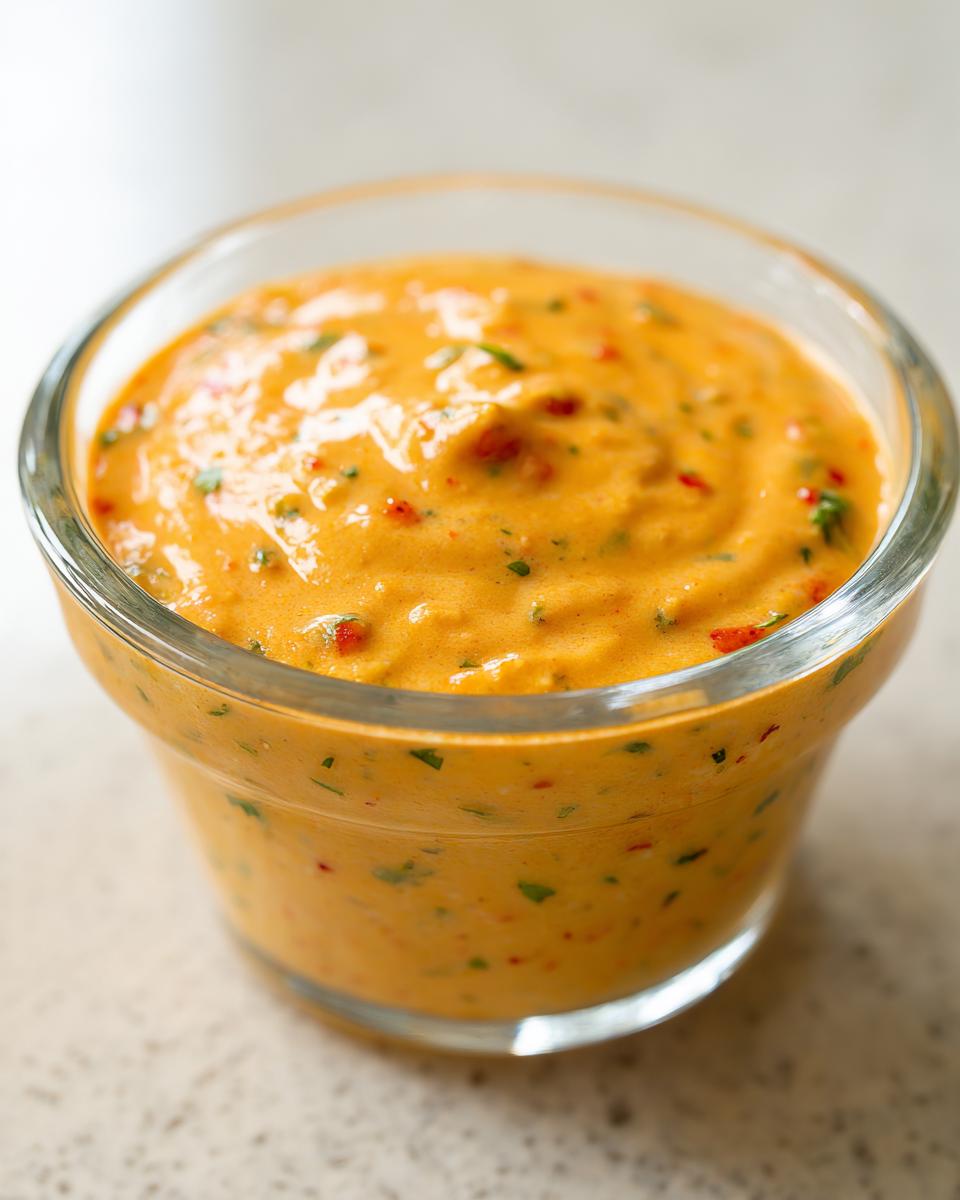 Close-up of vibrant orange southwest salad dressing with flecks of red pepper and green herbs in a clear glass ramekin.