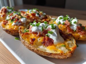 Close-up of delicious stuffed potato skins loaded with melted cheese, bacon bits, sour cream, and chives.