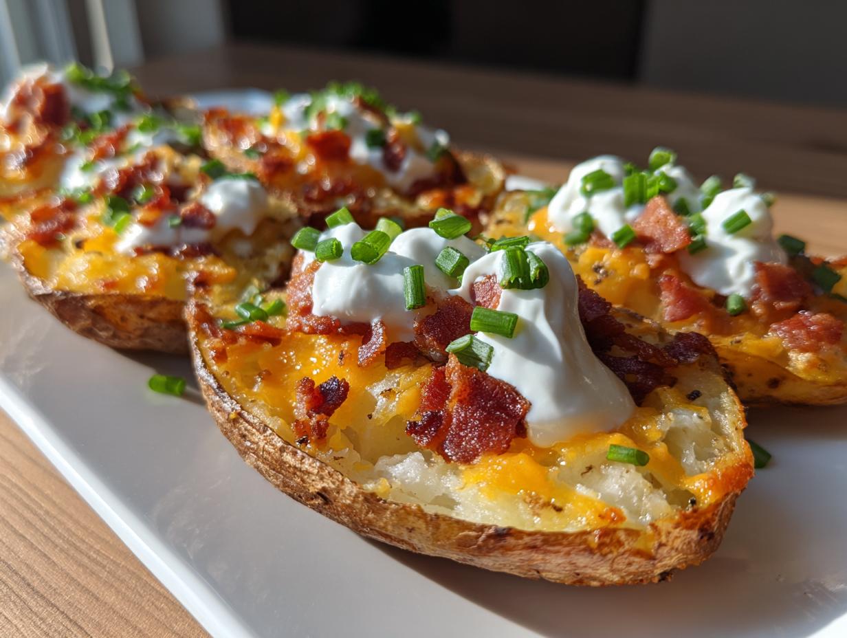 Close-up of delicious stuffed potato skins loaded with melted cheese, bacon bits, sour cream, and chives.