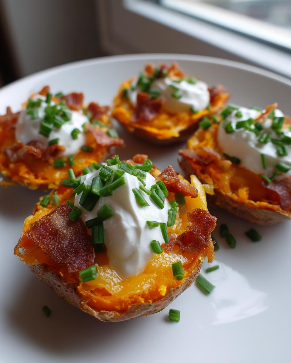 Four loaded sweet potato skins filled with melted cheese, bacon bits, sour cream, and chives on a white plate.