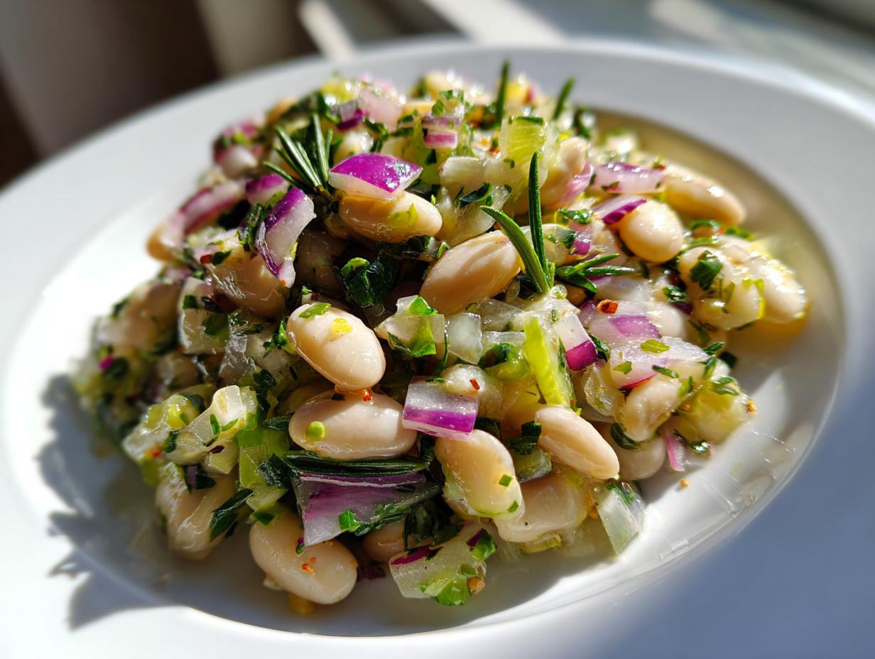 A close-up serving of amazing white bean salad mixed with chopped red onion, celery, herbs, and a rosemary sprig.