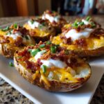 Close-up of several fully loaded stuffed potato skins topped with cheese, bacon, sour cream, and chives.
