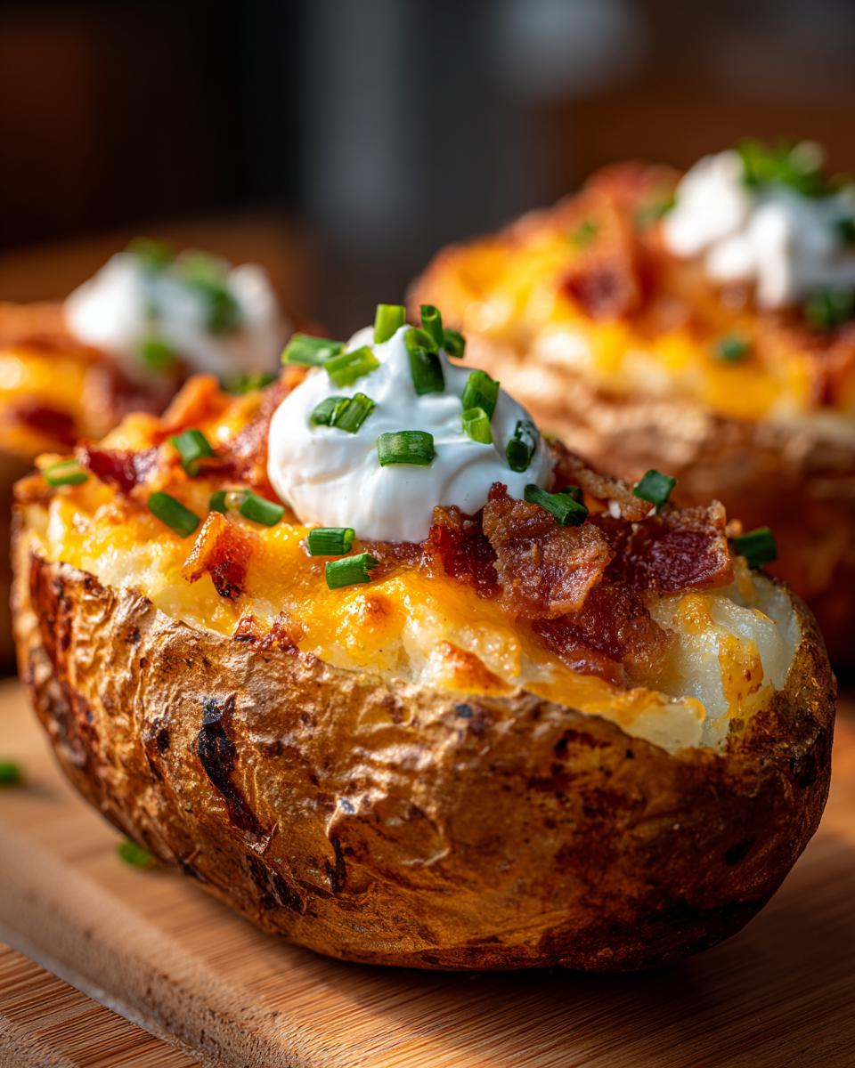 Close-up of a crispy baked potato skin filled with melted cheese, bacon bits, sour cream, and chives, a perfect example of stuffed potato skins.