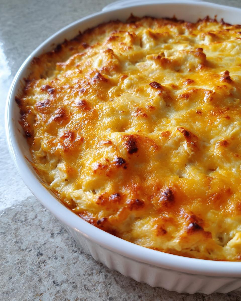 Close-up of a baked crab dip recipe in a white oval dish, featuring a bubbling, golden-brown melted cheese top.