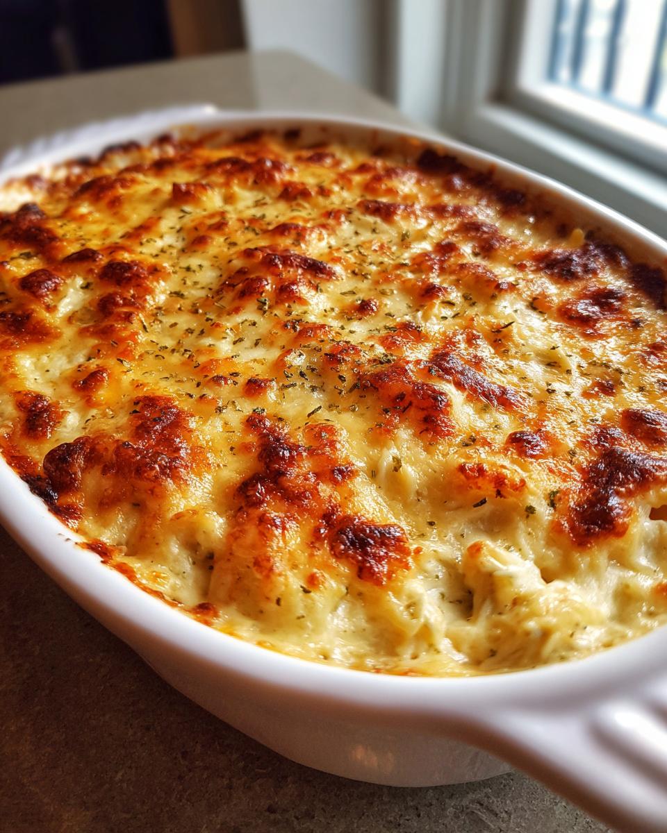 Close-up of a bubbling, baked crab dip recipe with a golden-brown, cheesy crust.