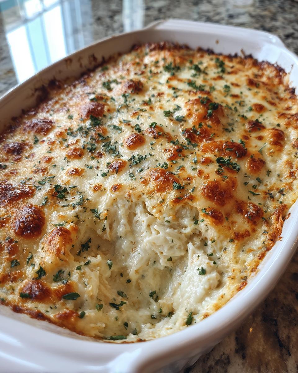 Close-up of a baked hot crab dip with a golden, bubbly cheese topping and fresh parsley.