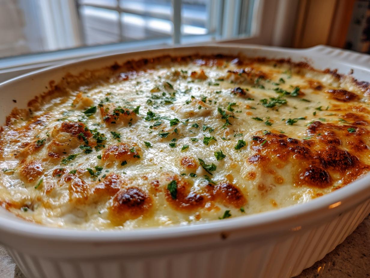 Close-up of a bubbly, baked hot crab dip topped with melted, browned cheese and fresh parsley.